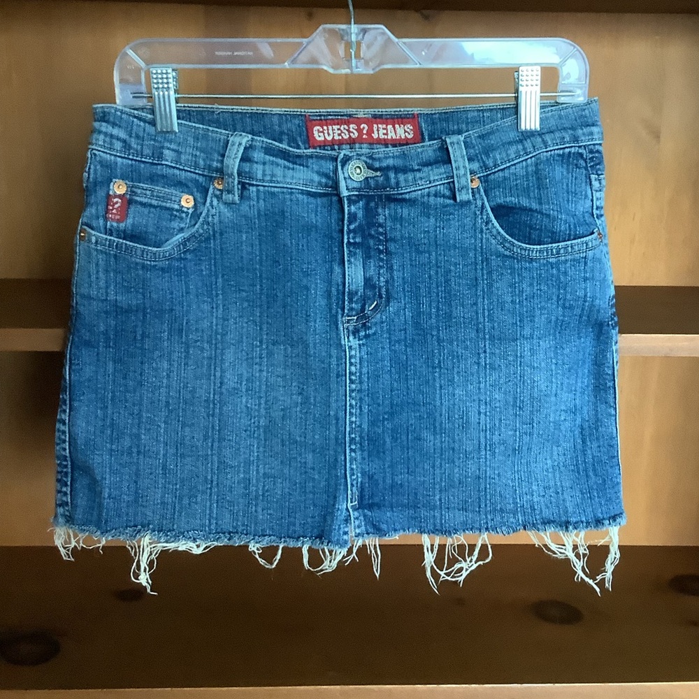 Y2K Guess Low Rise Denim Mini Skirt Size 28 | Vintage 2000s Frayed Hem Mall Goth